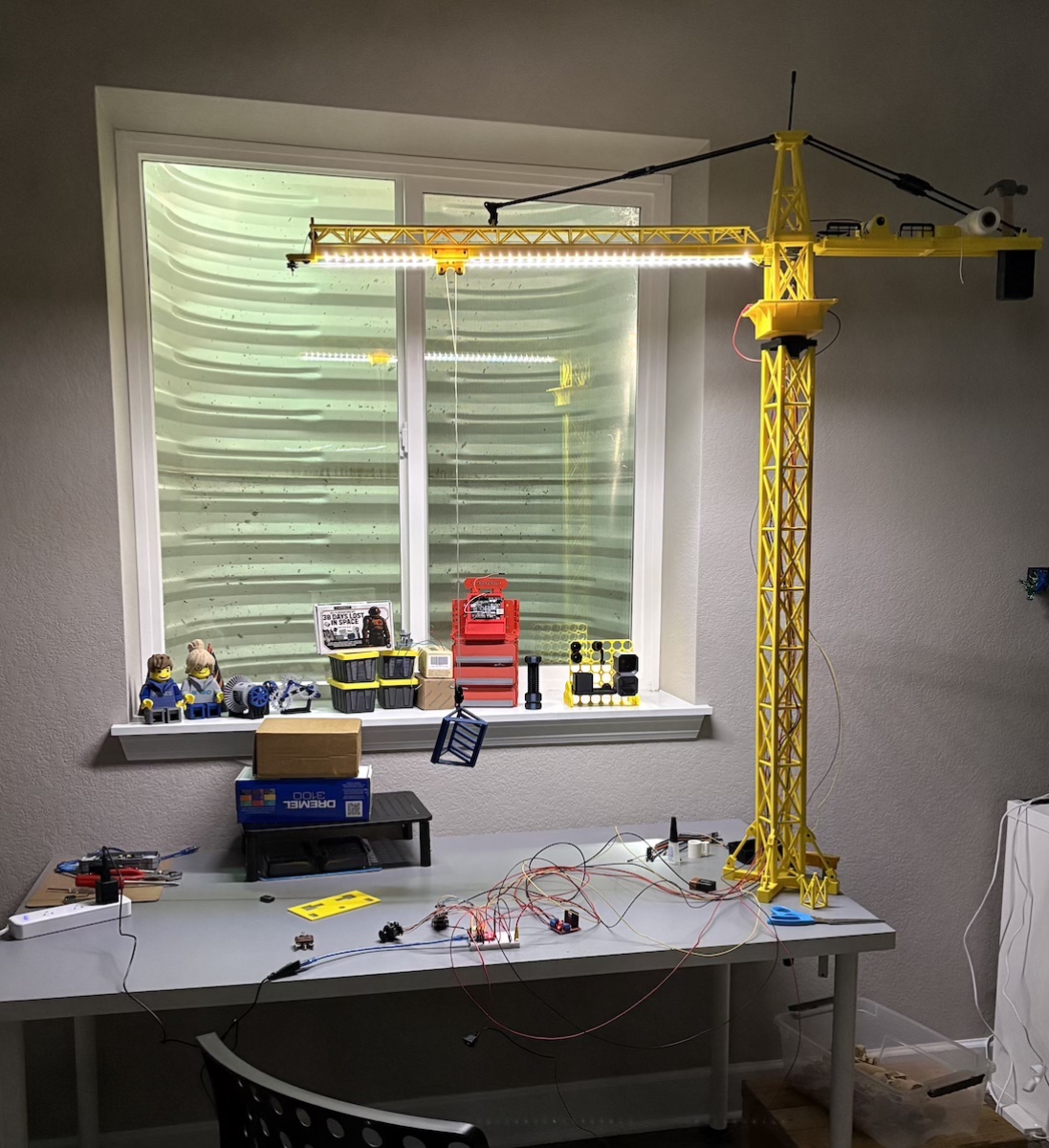 The RC Tower Crane Lamp on the bench.
